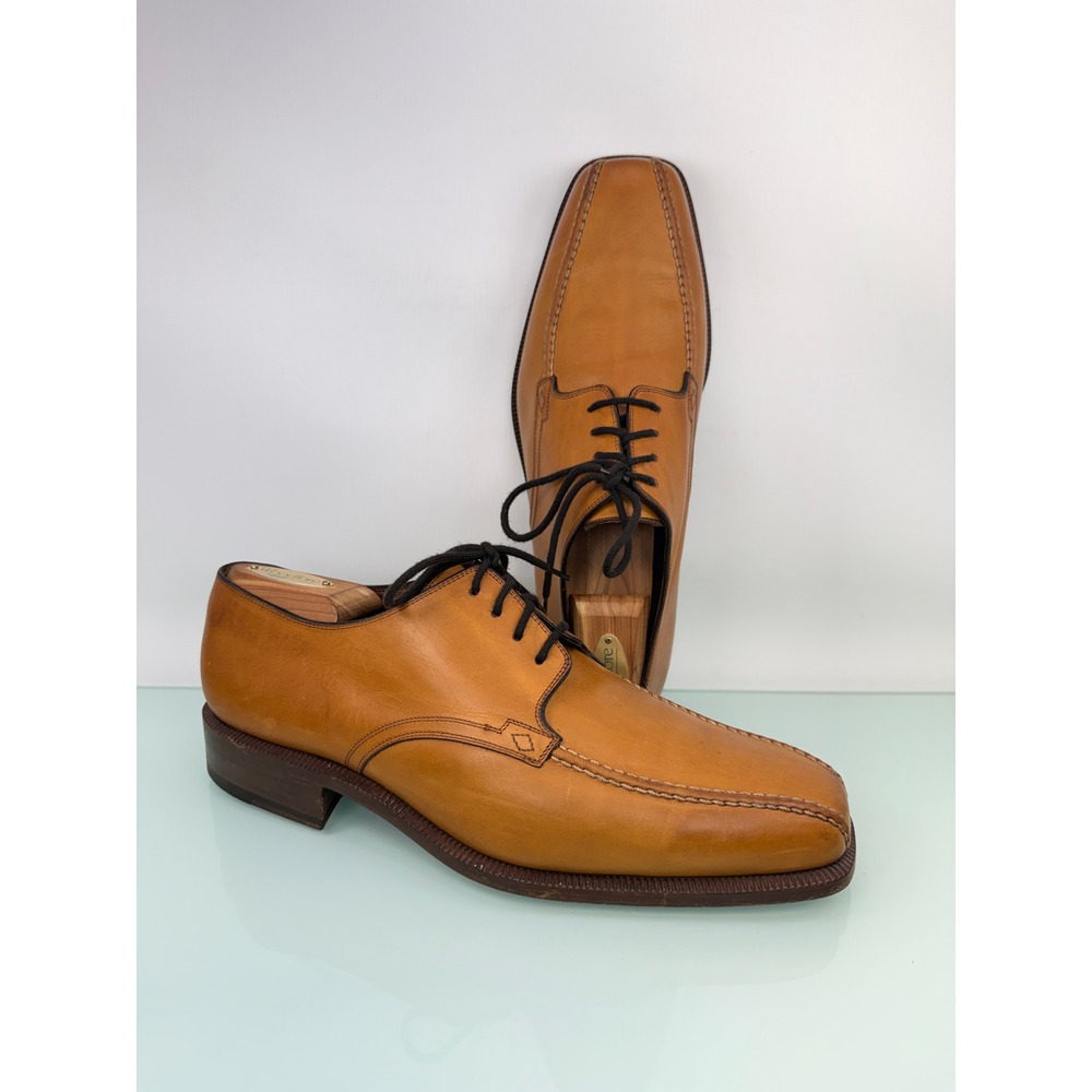 Fratelli Rossetti Cognac Leather Derby Sz 8 Vintage Italian Square Toe Old Money